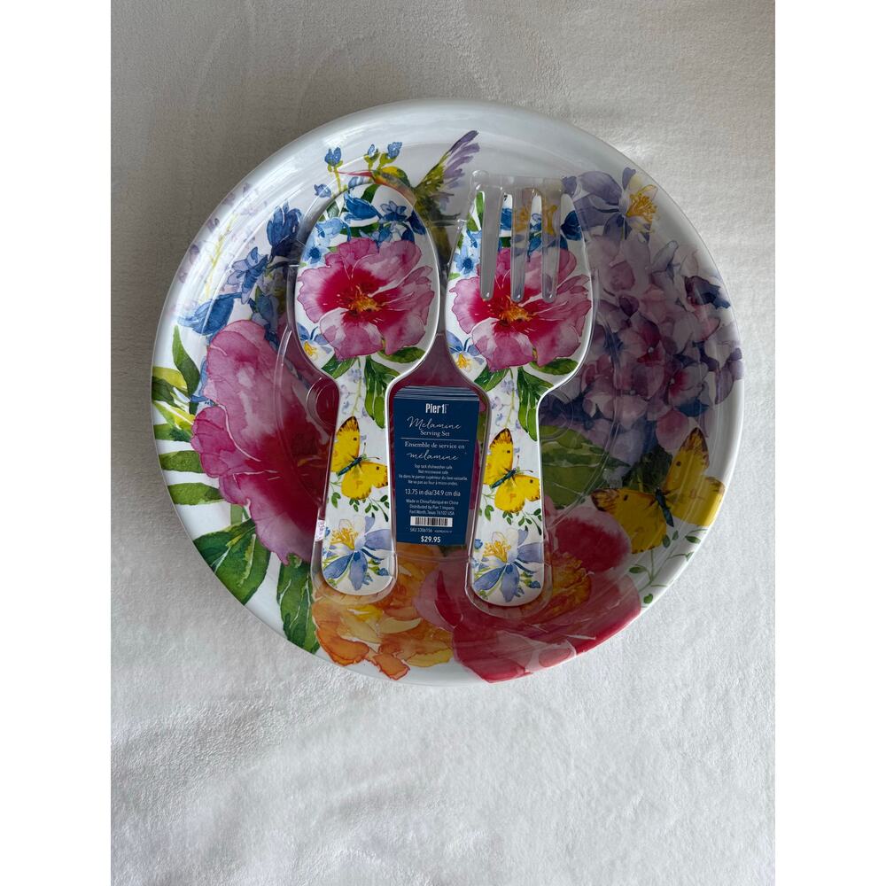 NWT Pier 1 Melamine Salad Bowl Dish Serving Set Summer Floral Butterflies 14"